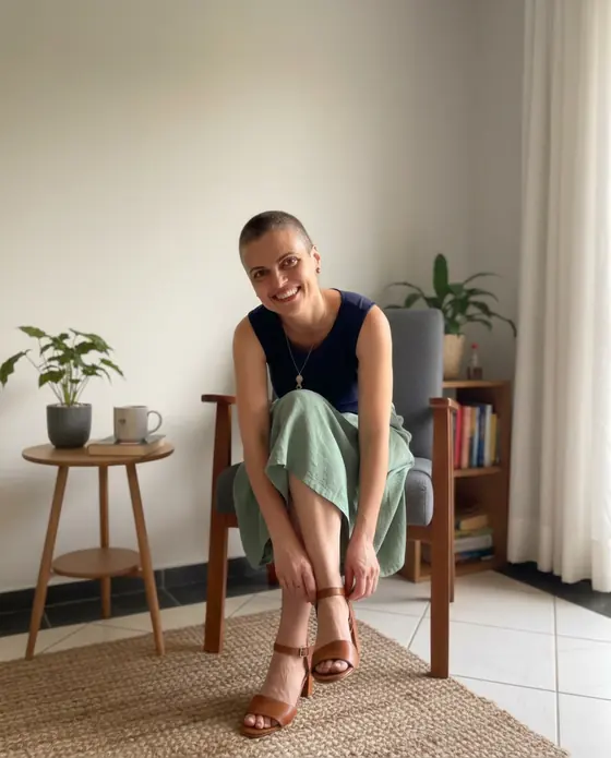 Aline Bitton sentada enquanto arruma o sapato
